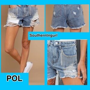 NWT POL Rhinestone Fringe Festival Distressed  Cutoff Denim Jean Shorts